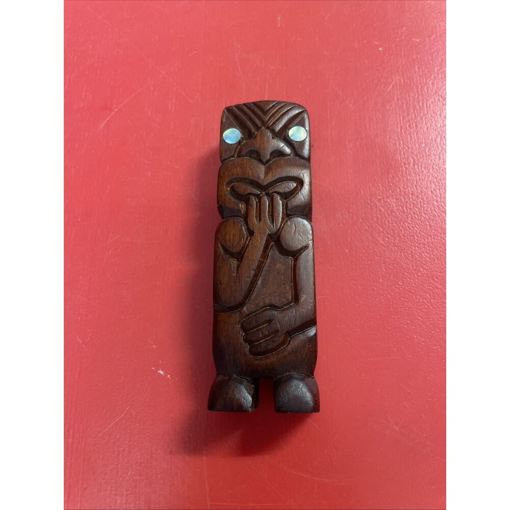 Vintage New Zealand Rotorua Maori Effigy Paua Shell & Wood Carving Matai